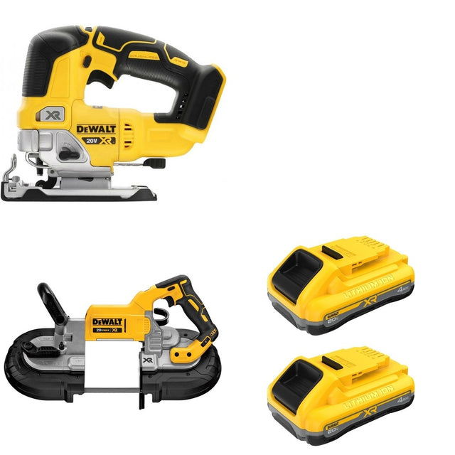 DeWalt DCS374B 20V MAX Deep Cut Band Saw W/ DCB2104-2 POWERPACK 4Ah 2-Pack and DCS334B Jig Saw