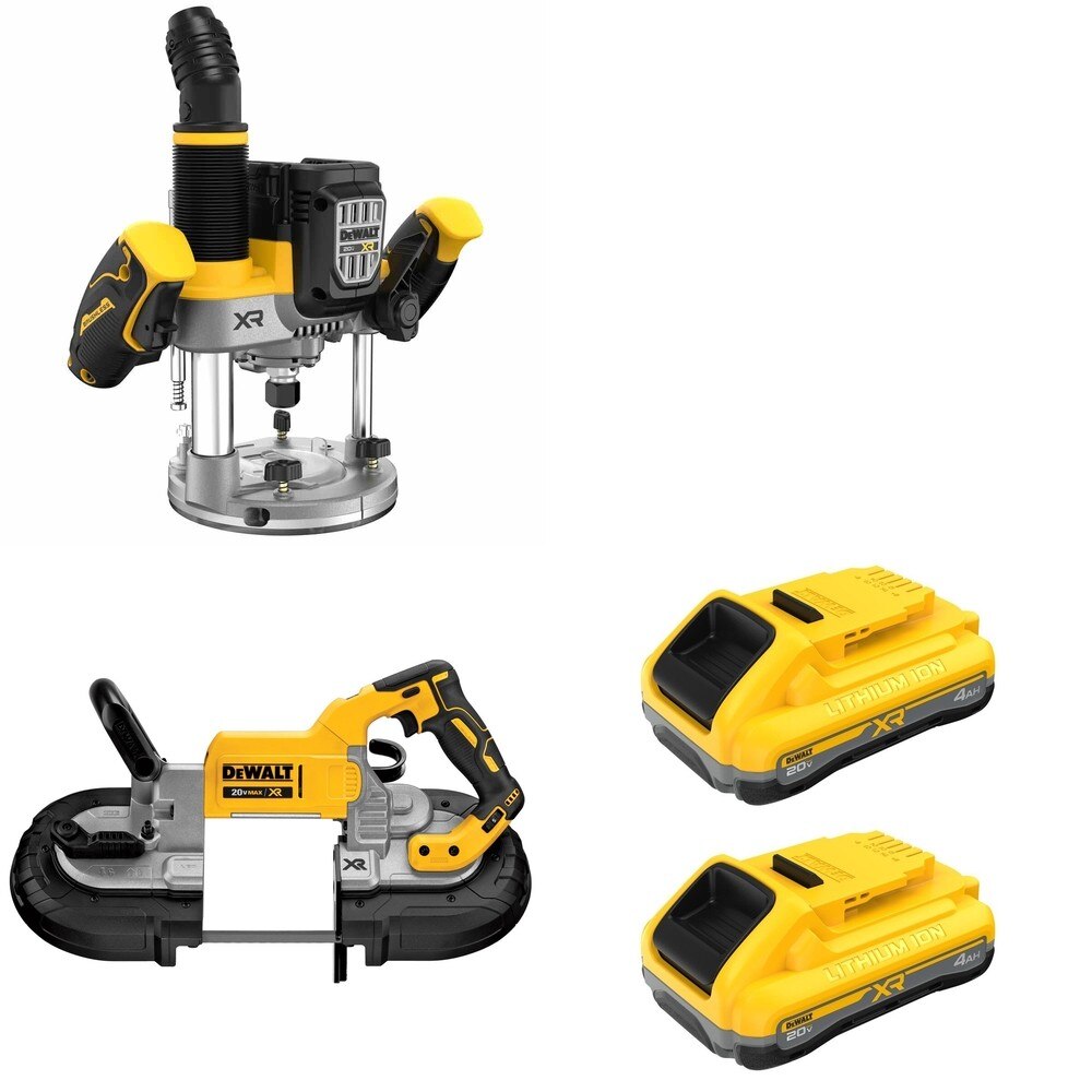 DeWalt DCW620B Plunge Router W/ DCS374B Deep Cut Band Saw and DCB2104-2 POWERPACK 4Ah 2-Pack