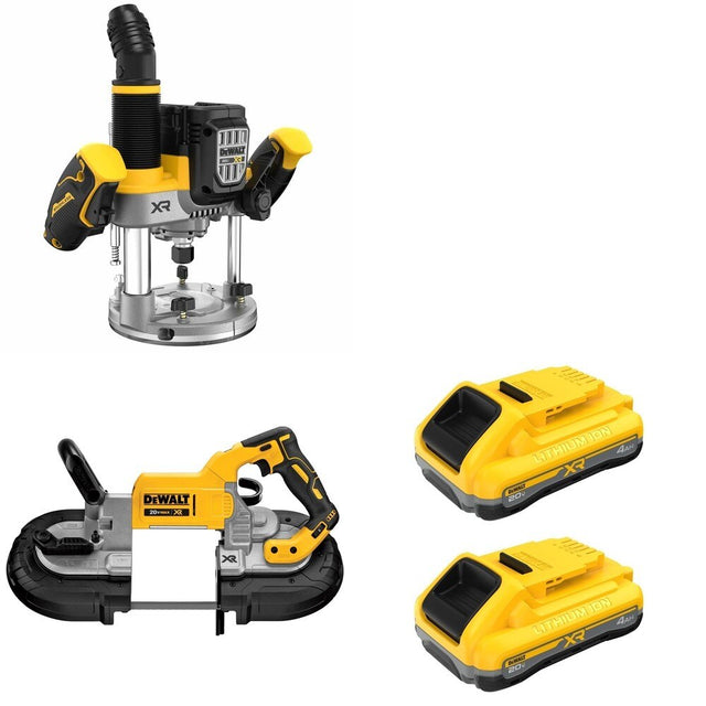 DeWalt DCW620B Plunge Router W/ DCS374B Deep Cut Band Saw and DCB2104-2 POWERPACK 4Ah 2-Pack