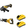 DeWalt DCG410B Angle Grinder W/ DCB2104-2 POWERPACK 4Ah 2-Pack and DCS382B Reciprocating Saw
