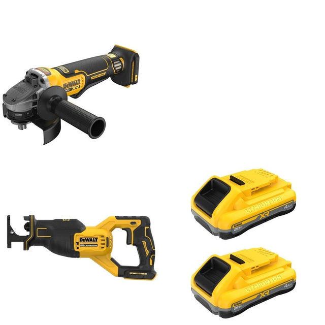 DeWalt DCG410B Angle Grinder W/ DCB2104-2 POWERPACK 4Ah 2-Pack and DCS382B Reciprocating Saw