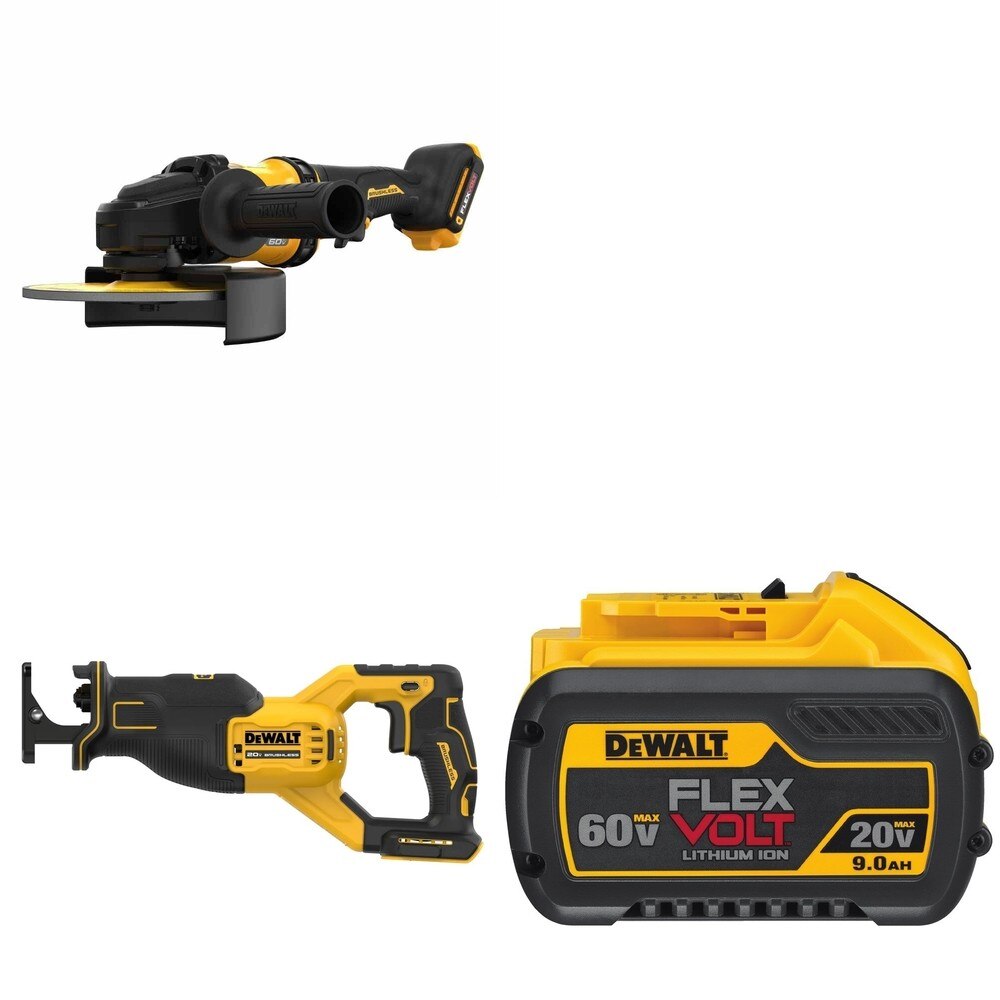DeWalt DCG440B 60V MAX 7 in. Grinder W/ DCB609 9.0Ah Battery and DCS382B Reciprocating Saw