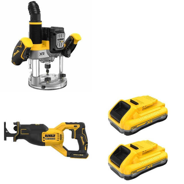 DeWalt DCW620B Plunge Router W/ DCB2104-2 POWERPACK 4Ah 2-Pack and DCS382B Reciprocating Saw