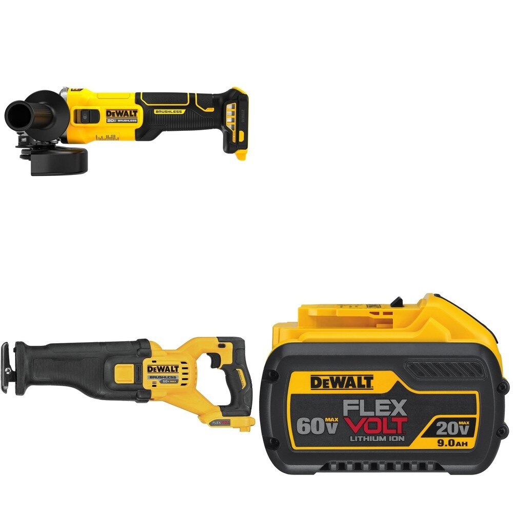 DeWalt DCS389B 60V Recip Saw W/ DCB609 FLEXVOLT 9.0Ah Battery and DCG407B Slide-Switch Grinder