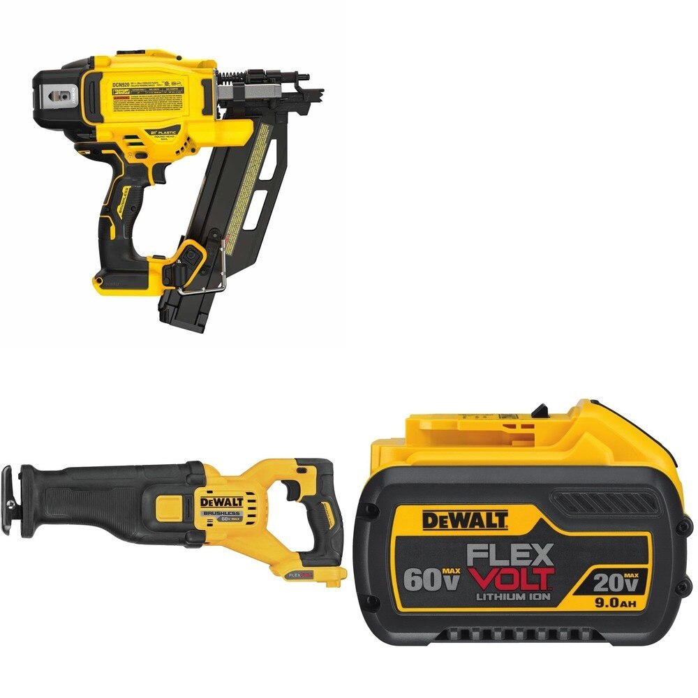 DeWalt DCN920B 21-Degree Framing Nailer W/ DCS389B 60V Recip Saw and DCB609 9.0Ah Battery