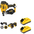 DeWalt DCN45RNB Roofing Nailer W/ DCB2104-2 POWERPACK 4Ah 2-Pack and DCS438B 3 in. Cut-Off Tool