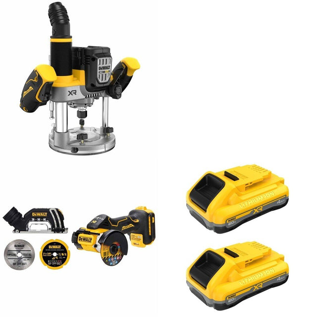 DeWalt DCW620B Plunge Router W/ DCB2104-2 POWERPACK 4Ah 2-Pack and DCS438B 3 in. Cut-Off Tool