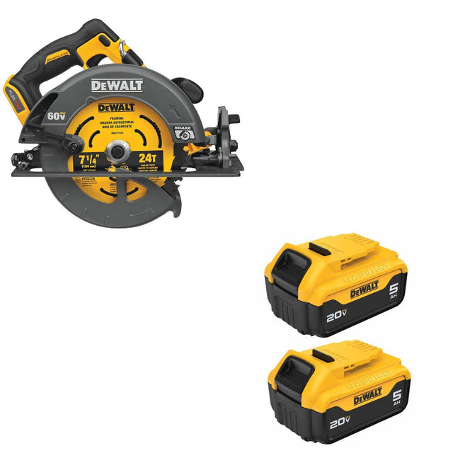 DeWalt DCS578B 60V Max 7-1/4" Circ Saw W/ DCB205-2 20V MAX 5Ah Battery, 2-Pack