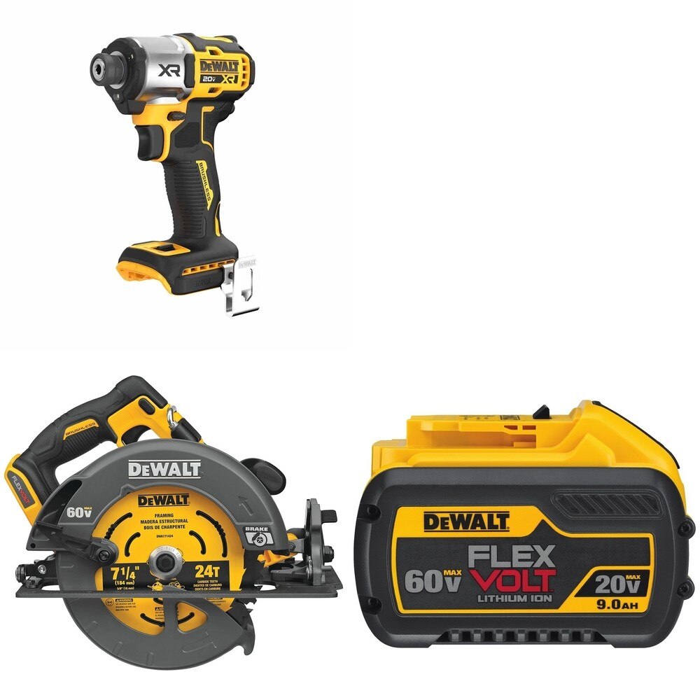 DeWalt DCS578B 7-1/4 in. Circular Saw W/ DCB609 9.0Ah Battery and DCF845B 3-Speed Impact Driver