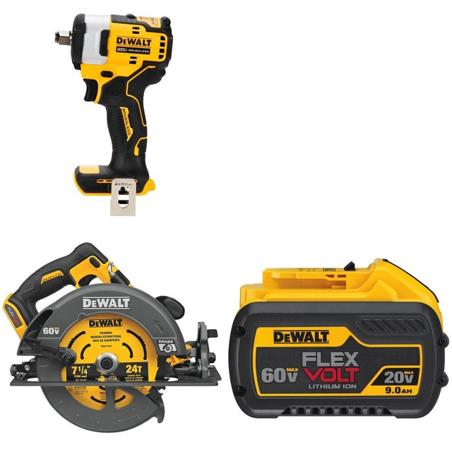 DeWalt DCS578B 60V MAX 7-1/4 in. Circular Saw W/ DCB609 9.0Ah Battery and DCF911B Impact Wrench