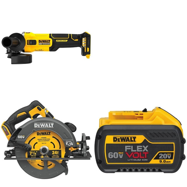 DeWalt DCS578B 7-1/4 in. Circular Saw W/ DCB609 9.0Ah Battery and DCG407B Slide-Switch Grinder