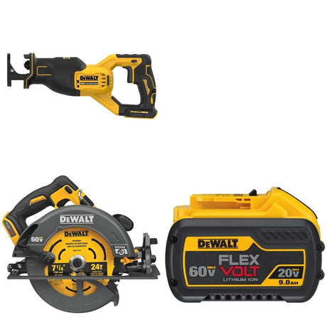 DeWalt DCS578B 7-1/4 in. Circular Saw W/ DCB609 9.0Ah Battery and DCS382B Reciprocating Saw
