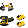 DeWalt DCS374B 20V MAX Deep Cut Band Saw W/ DCB2104-2 and DCW210B Random Orbital Sander