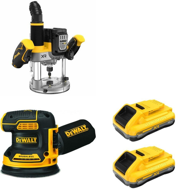 DeWalt DCW620B 20V MAX XR 2-1/4 HP Plunge Router W/ DCB2104-2 and DCW210B Random Orbital Sander