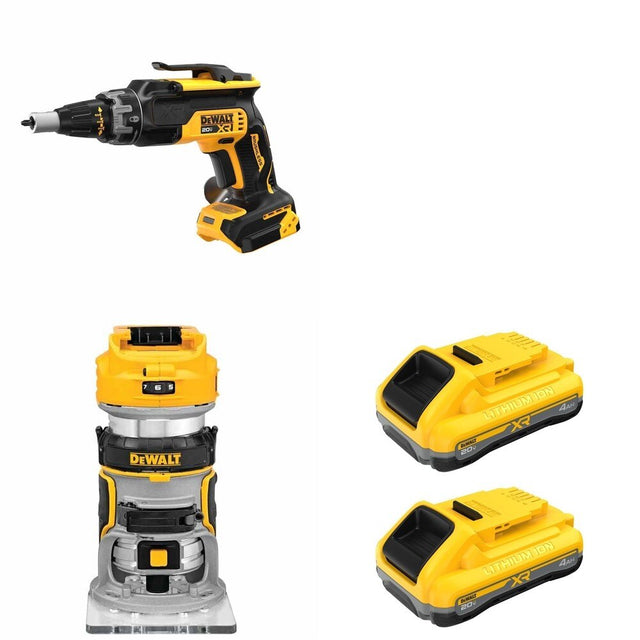 DeWalt DCB2104-2 POWERPACK 4Ah 2-Pack W/ DCF630B Drywall Screwgun and DCW600B Compact Router