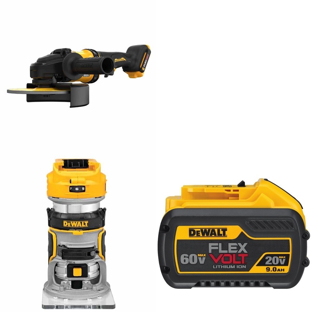 DeWalt DCG440B 60V MAX 7 in. Grinder W/ DCB609 9.0Ah Battery and DCW600B Compact Router