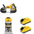DeWalt DCS374B Deep Cut Band Saw W/ DCB2104-2 POWERPACK 4Ah 2-Pack and DCW600B Compact Router