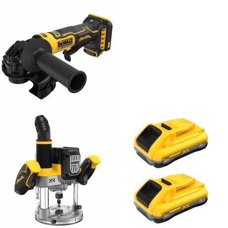 DeWalt DCW620B Plunge Router W/ DCB2104-2 POWERPACK 4Ah 2-Pack and DCG402B ATOMIC Angle Grinder