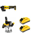 DeWalt DCW620B Plunge Router W/ DCB2104-2 POWERPACK 4Ah 2-Pack and DCG407B Slide-Switch Grinder