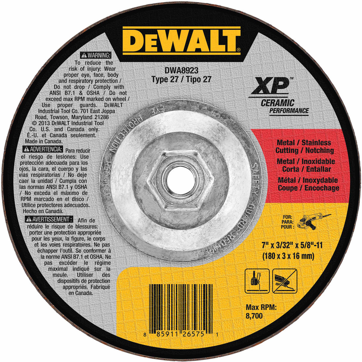 DeWalt DWA8923 7" x 3/32" x 5/8"-11 Ceramic Abrasive Grinding Disk