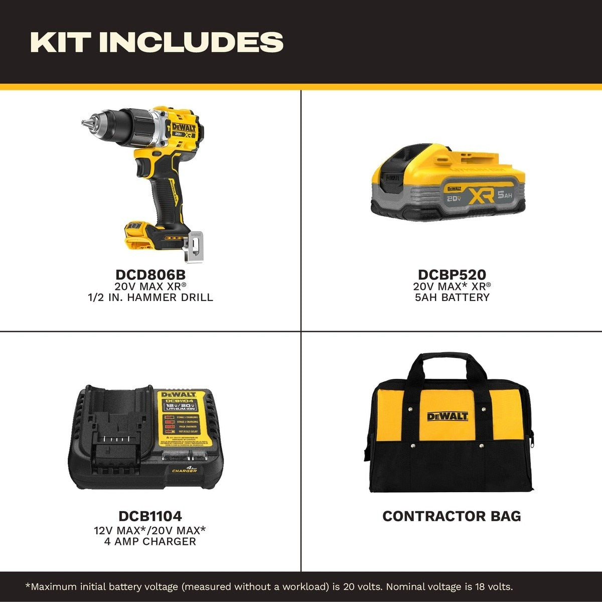 DEWALT DCD806H1 20V MAX XR 1/2" Brushless Cordless Hammer Drill Kit with 5Ah Battery, Charger and Contractor Bag - 5