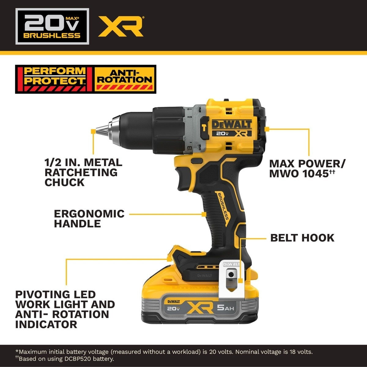 DEWALT DCD806H1 20V MAX XR 1/2" Brushless Cordless Hammer Drill Kit with 5Ah Battery, Charger and Contractor Bag - 6