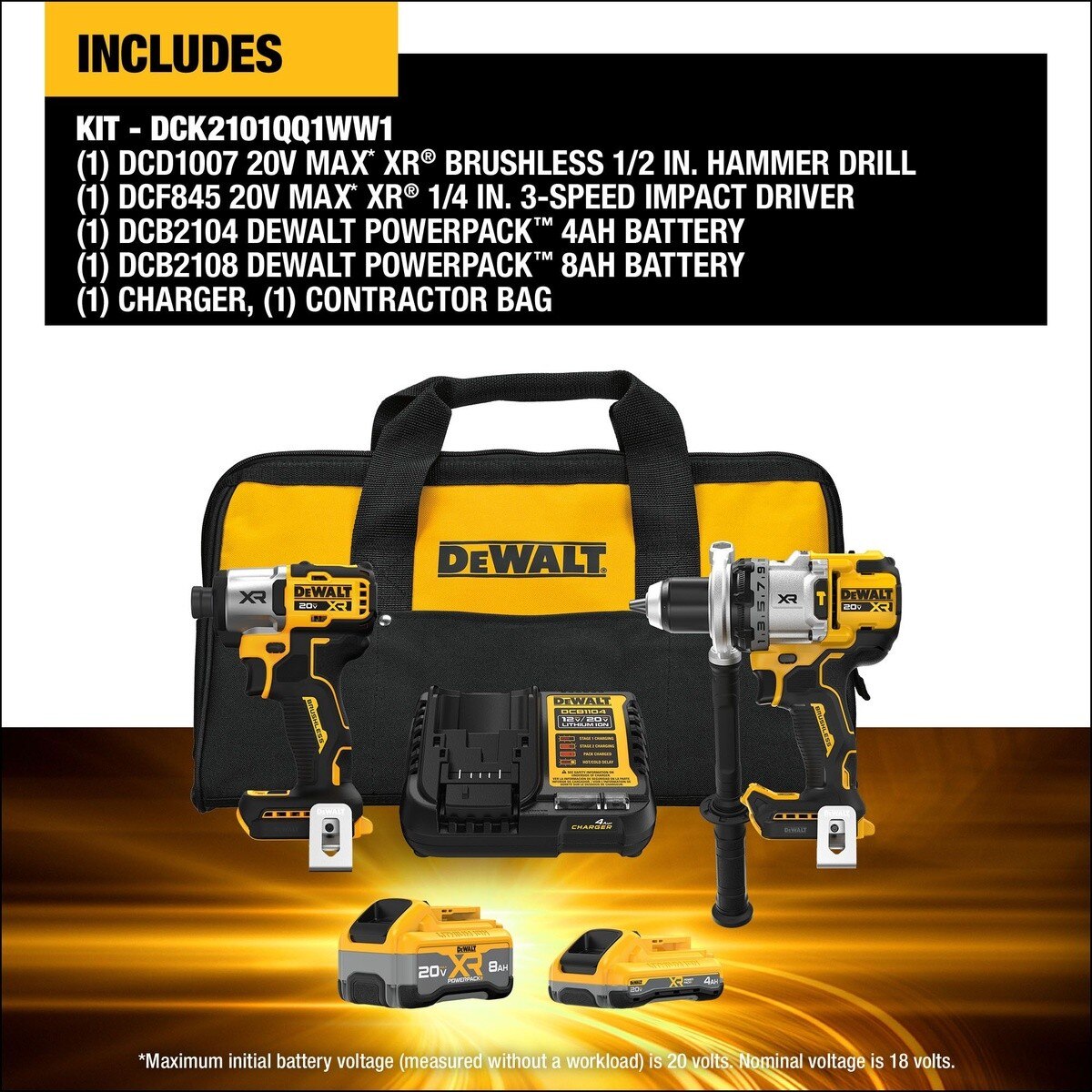 DeWalt DCK2101QQ1WW1 20V MAX XR Brushless 1/2" Hammer Drill and 1/4" Impact Driver Combo Kit with POWERPACK Batteries (2 Batteries, Charger, Bag) - 2
