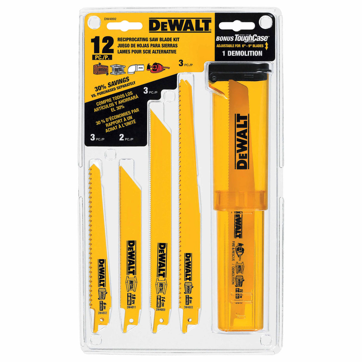 DeWalt DW4892 12 Piece Bi-Metal Reciprocating Saw Blade Set with Telescoping Case