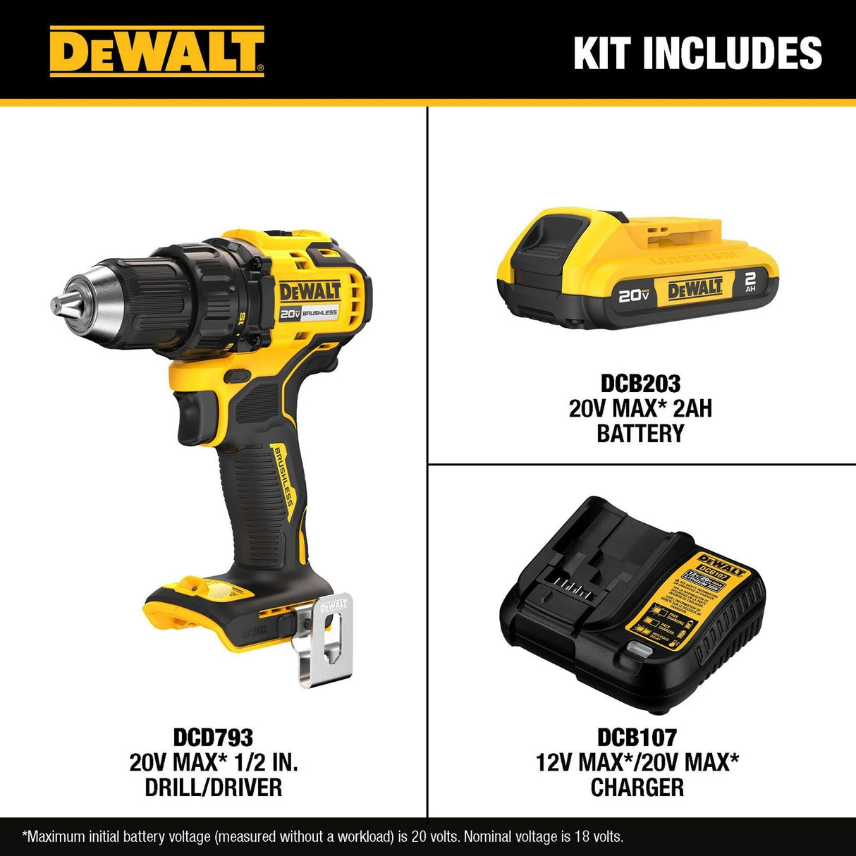DeWalt DCD793D1 20V MAX Brushless Cordless 1/2 in. Drill/Driver Kit - 8