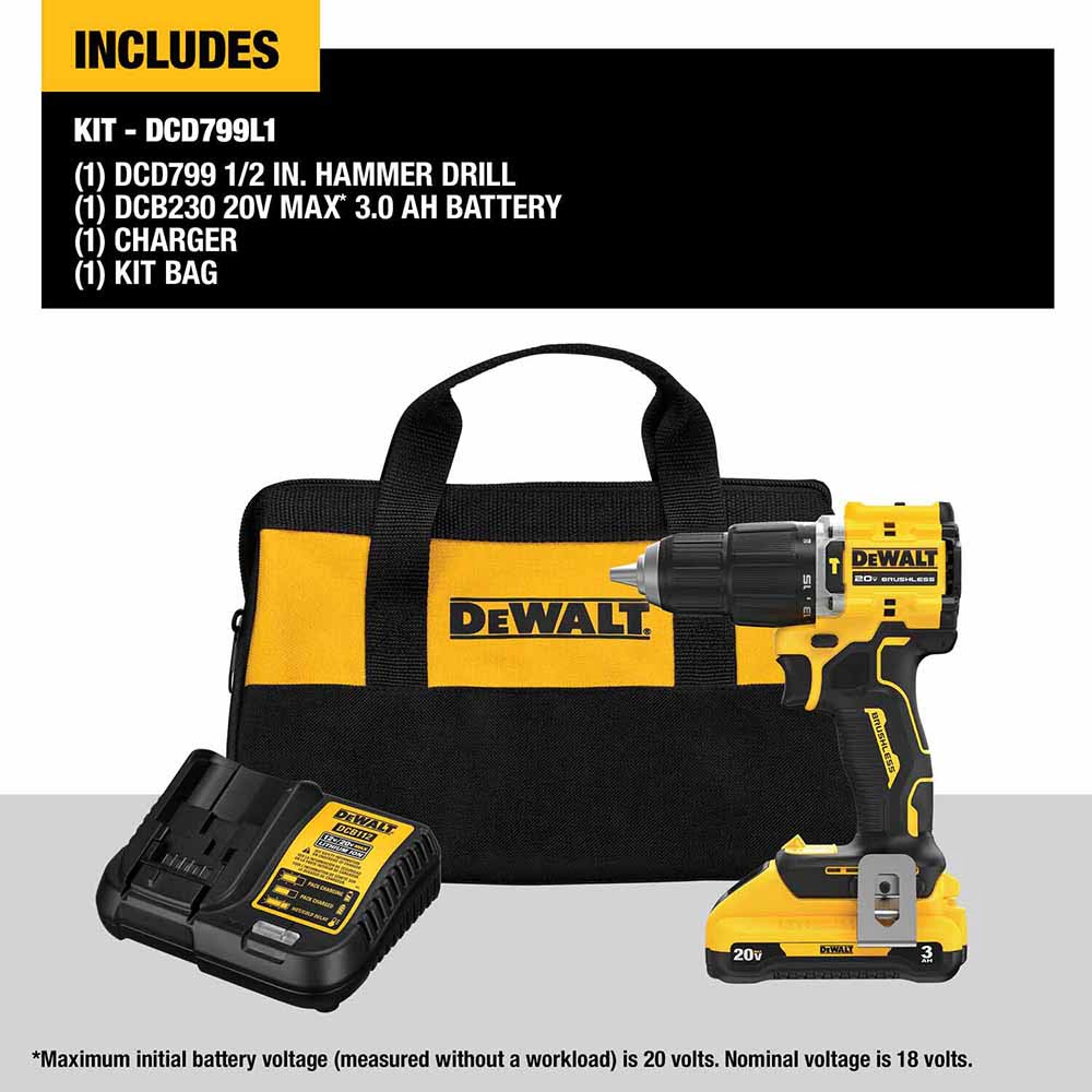 DeWalt DCD799L1 ATOMIC COMPACT SERIES 20V MAX Brushless Cordless 1/2 in. Hammer Drill Kit - 8