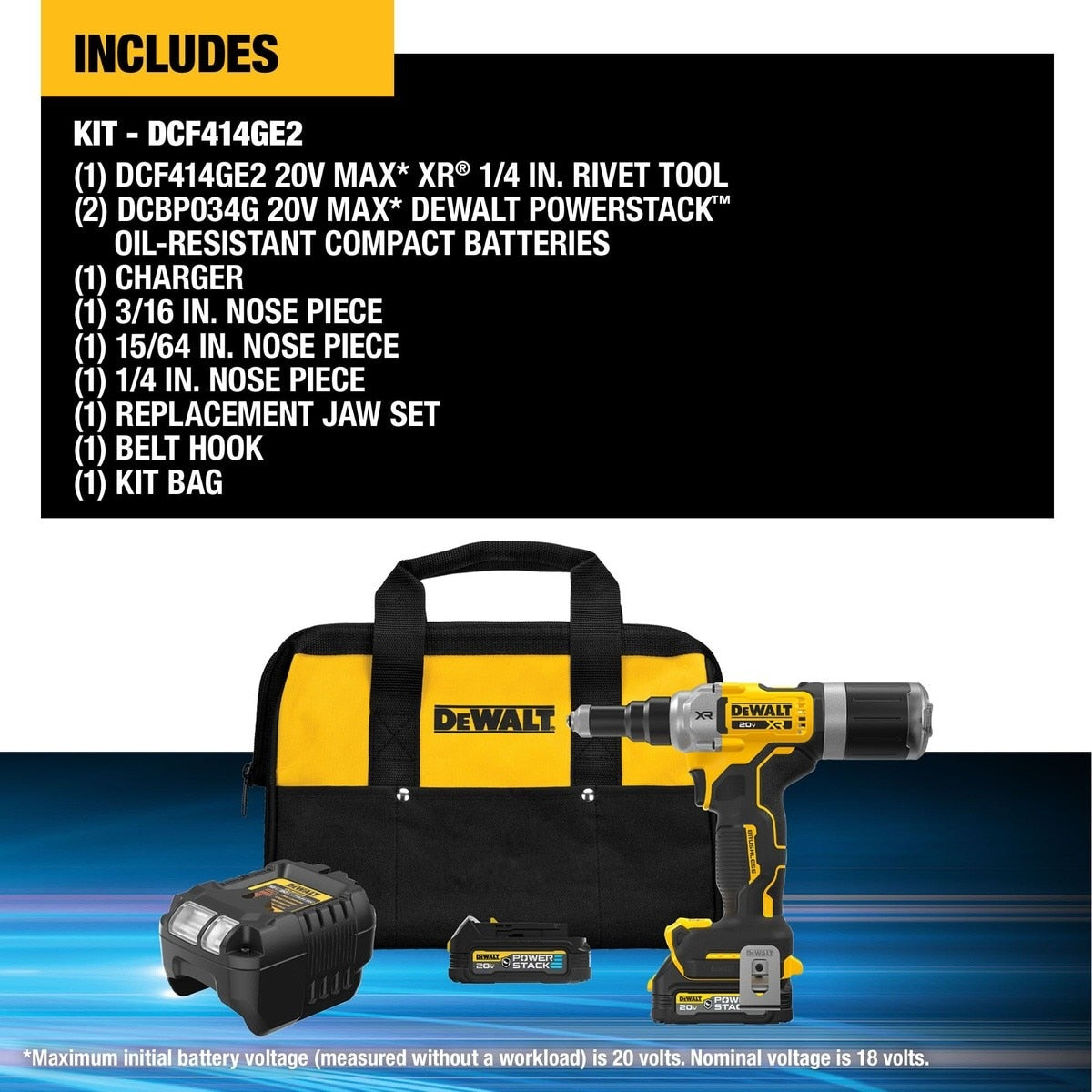 DeWalt DCF414GE2 20V MAX* XR Brushless Cordless 1/4" Rivet Tool Kit with POWERSTACK - 7