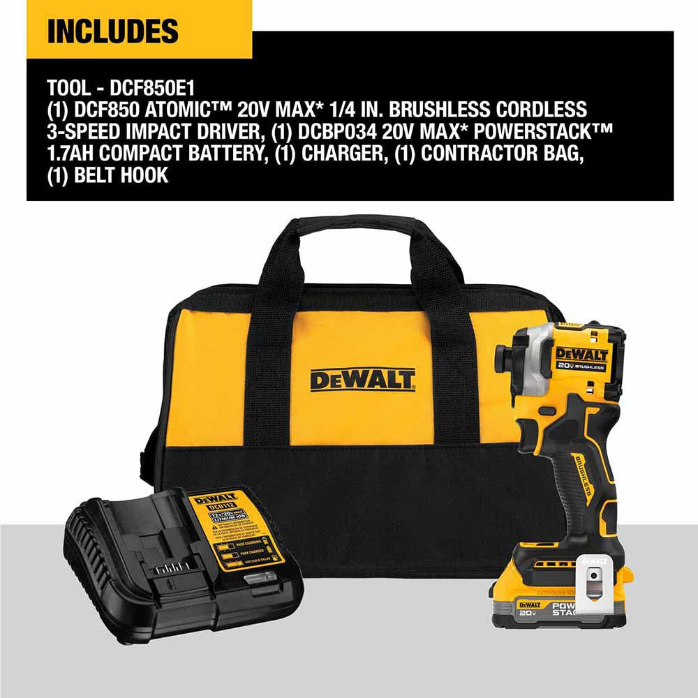 DeWalt DCF850E1 20V Max Atomic 1/4" Brushless Cordless 3-Speed Impact Driver Kit - 4