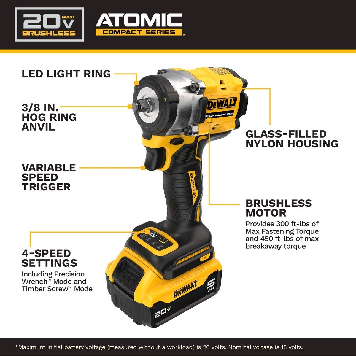 DeWalt DCF923P1 ATOMIC 20V MAX 3/8" Cordless Impact Wrench With Hog Ring Anvil Kit - 6