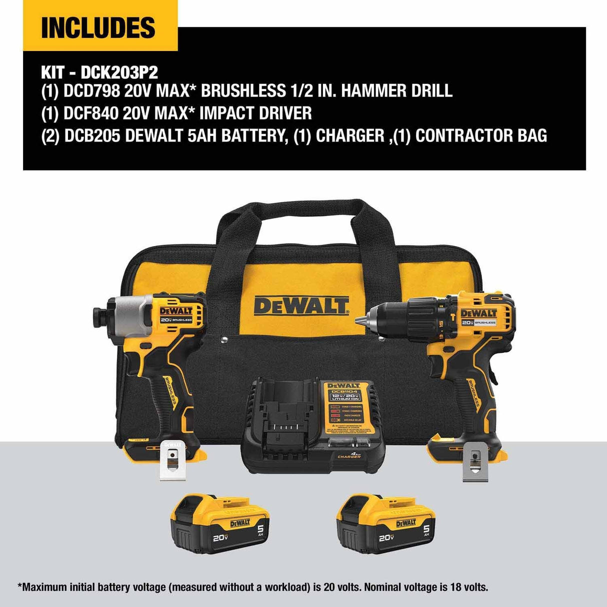 DeWalt DCK203P2 20V MAX 2-Tool Hammer Drill/Impact Combo Kit with Batteries and Charger - 2