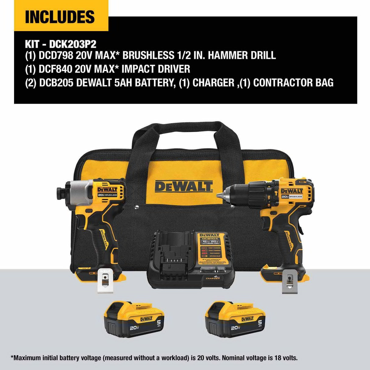 DeWalt DCK203P2 20V MAX 2-Tool Hammer Drill/Impact Combo Kit with Batteries and Charger - 2