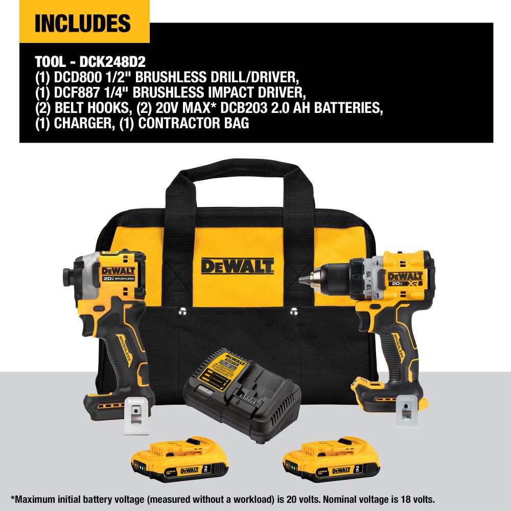 DeWalt DCK248D2 20V Brushless Cordless 1/2" Drill Driver/1/4" Impact Driver Combo Kit (2-Tool) - 4