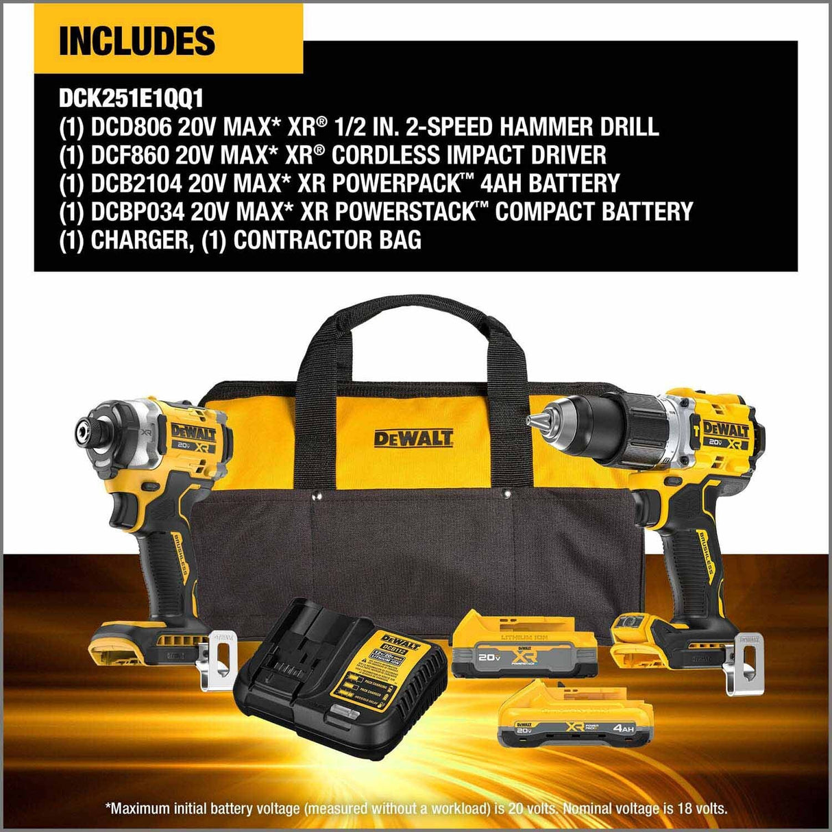 DeWalt DCK251E1QQ1 20V MAX Brushless 2-Tool Combo Kit with XR Batteries - 4