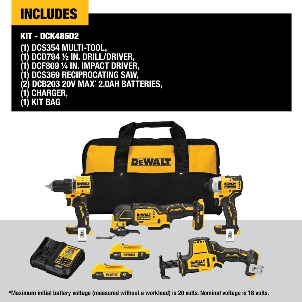 DeWalt DCK486D2 ATOMIC 20-Volt Lithium-Ion Cordless Brushless Combo Kit (4-Tool) with (2) 2.0Ah Batteries, Charger and Bag - 3