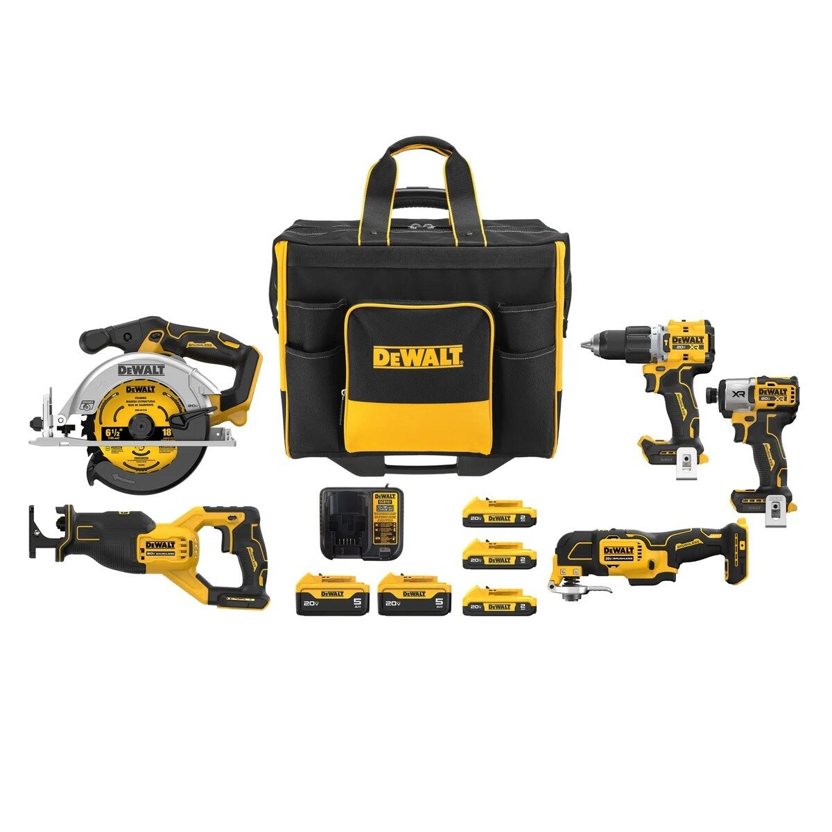 DeWalt DCKSS550D3P2 20V MAX Brushless 5-Tool Combo Kit with 5 Batteries, Charger and Rolling Storage Bag (11 Piece)