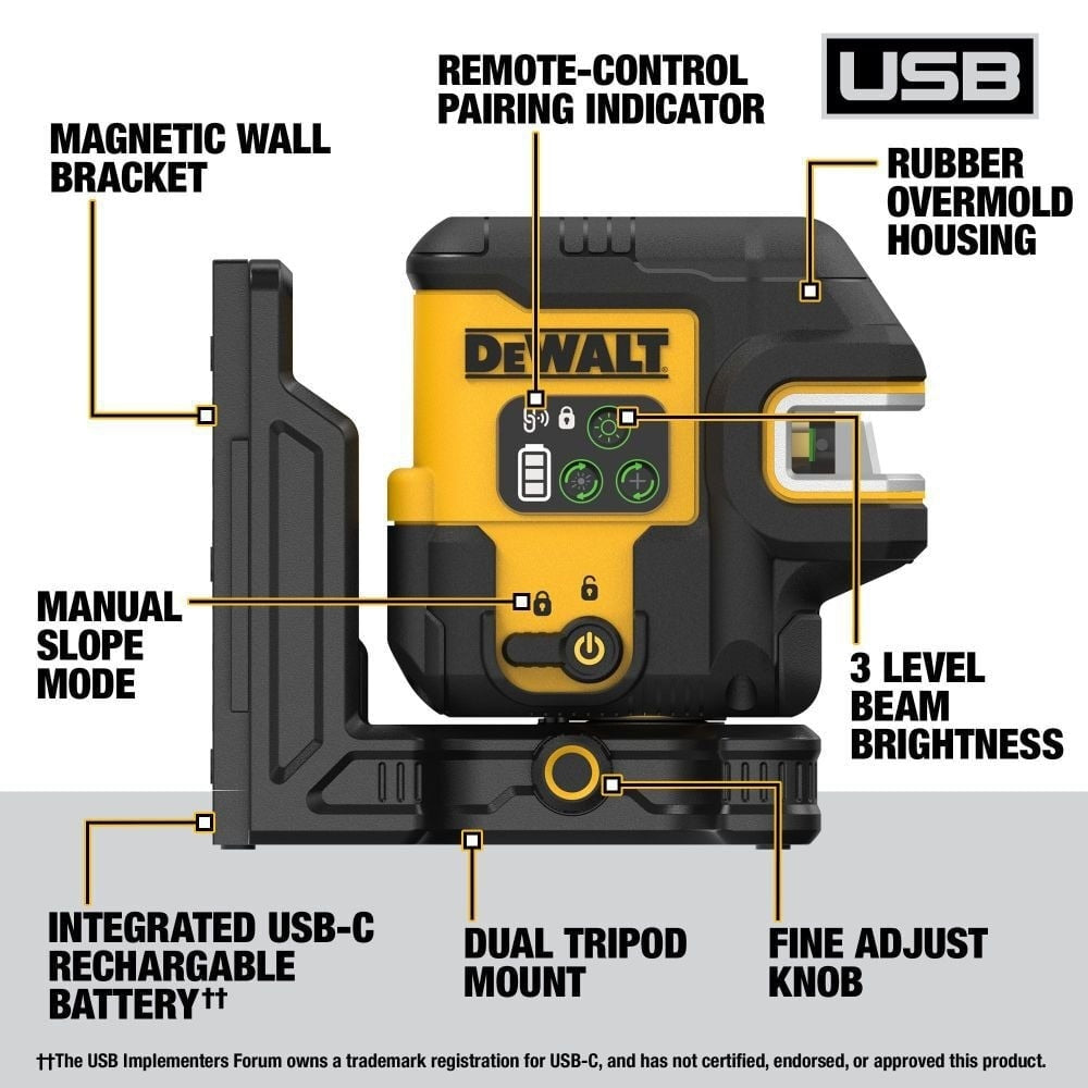 DeWalt  DCLE14251GB USB Rechargeable Green 5 Spot and Cross Line Laser Base Kit - 2