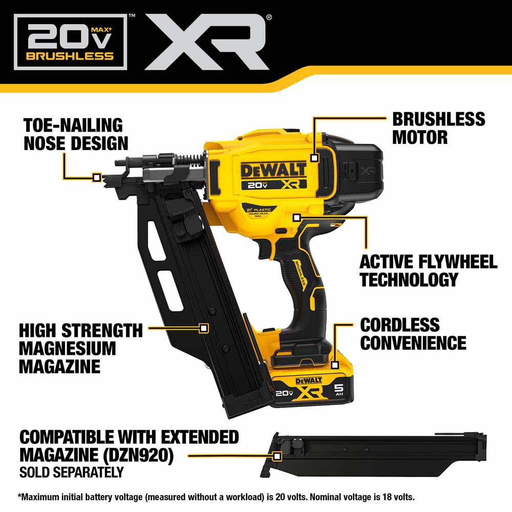 DeWalt DCN920P1 20V MAX XR Brushless Cordless 21 Degree Plastic Collated Framing Nailer Kit - 2