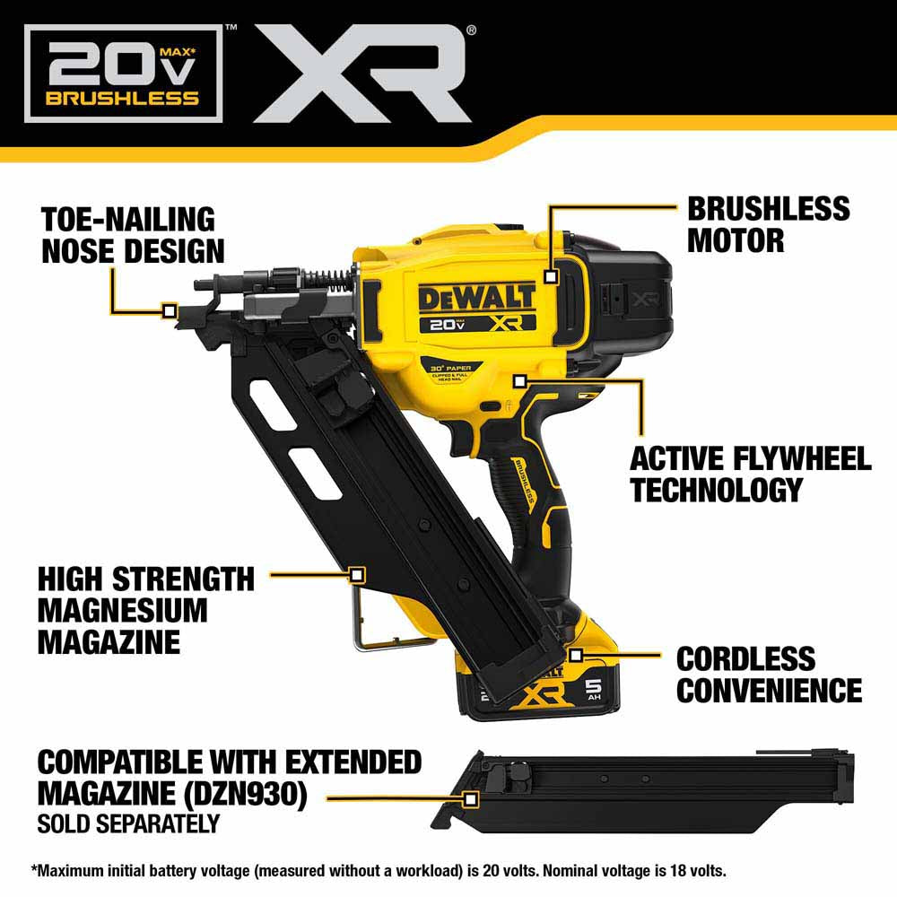 DeWalt DCN930P1 20V MAX XR Brushless Cordless 30 Degree Paper Tape Framing Nailer Kit - 2