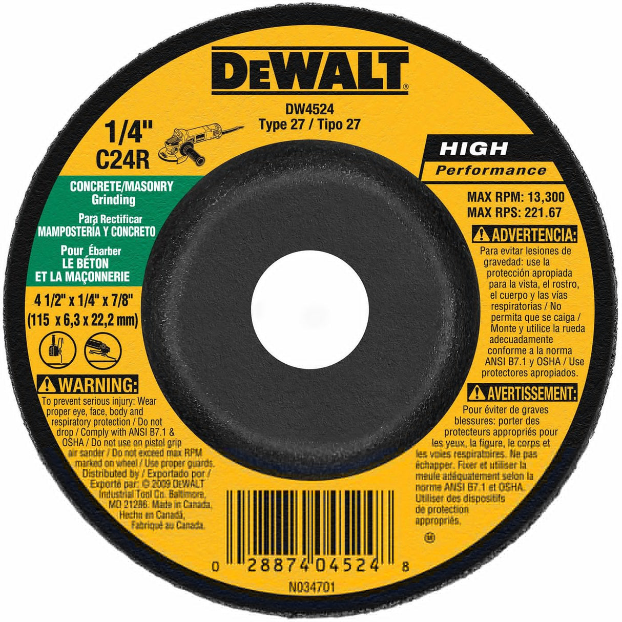 DeWalt DW4524 4-1/2" x 1/4" x 7/8" Concrete/Masonry Grinding Wheel