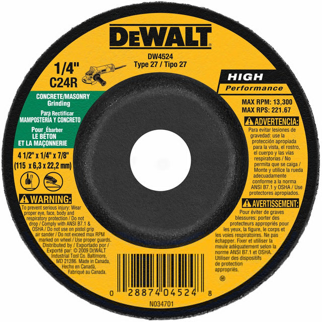 DeWalt DW4524 4-1/2" x 1/4" x 7/8" Concrete/Masonry Grinding Wheel