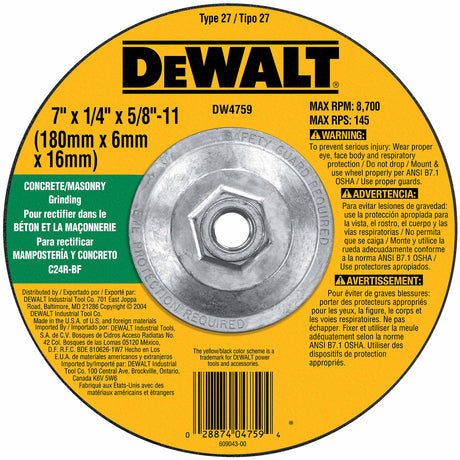 DeWalt DW4759 7" x 1/4" x 5/8"-11 Concrete/Masonry Grinding Wheel