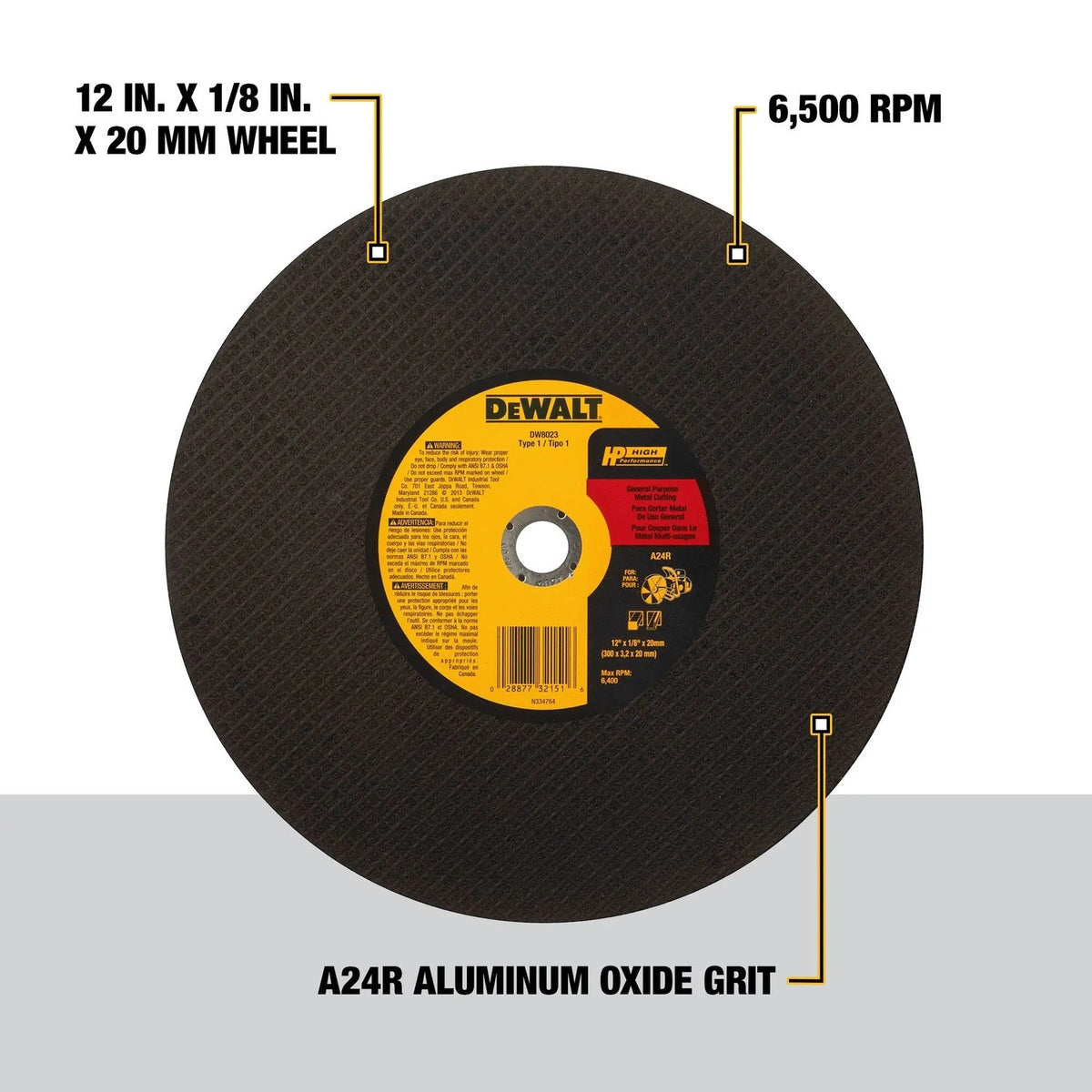 DeWalt DW8023 12" x 1/8" x 20mm Metal Cutting High Speed Cut-Off Wheel - 2