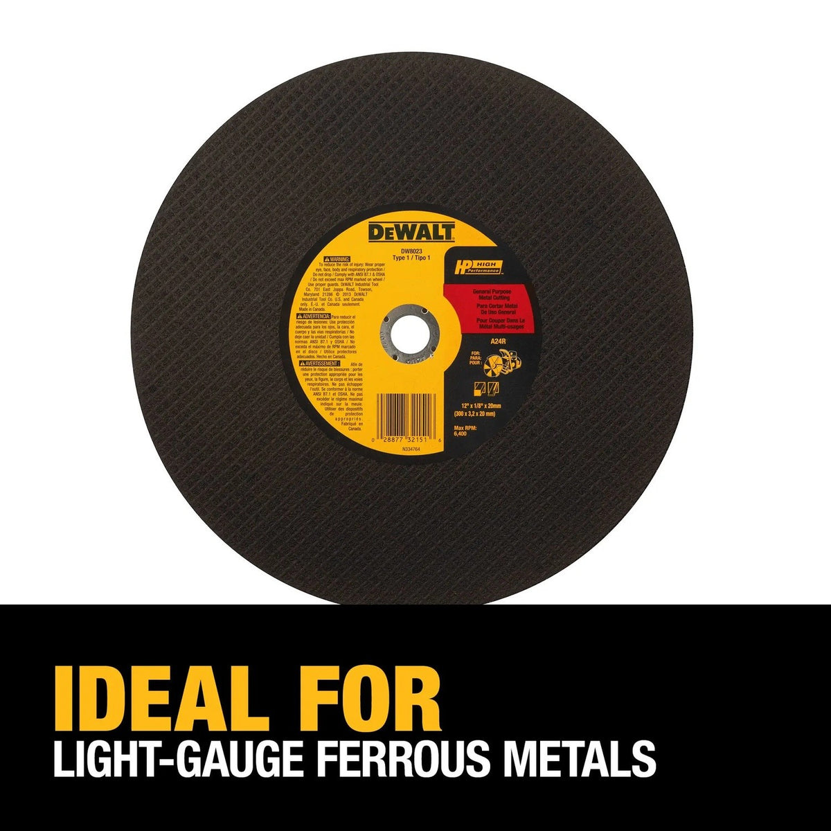 DeWalt DW8023 12" x 1/8" x 20mm Metal Cutting High Speed Cut-Off Wheel - 3