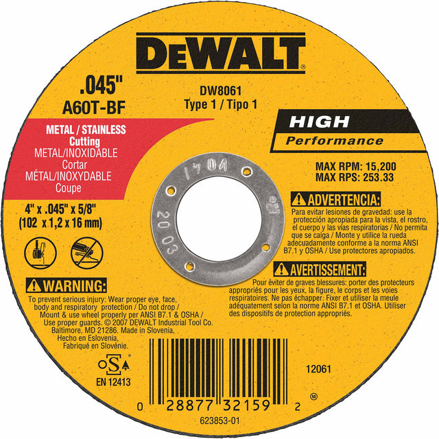 DeWalt DW8061 4" x .045" x 5/8" Metal Cutting Angle Grinder Thin Cutoff Wheel