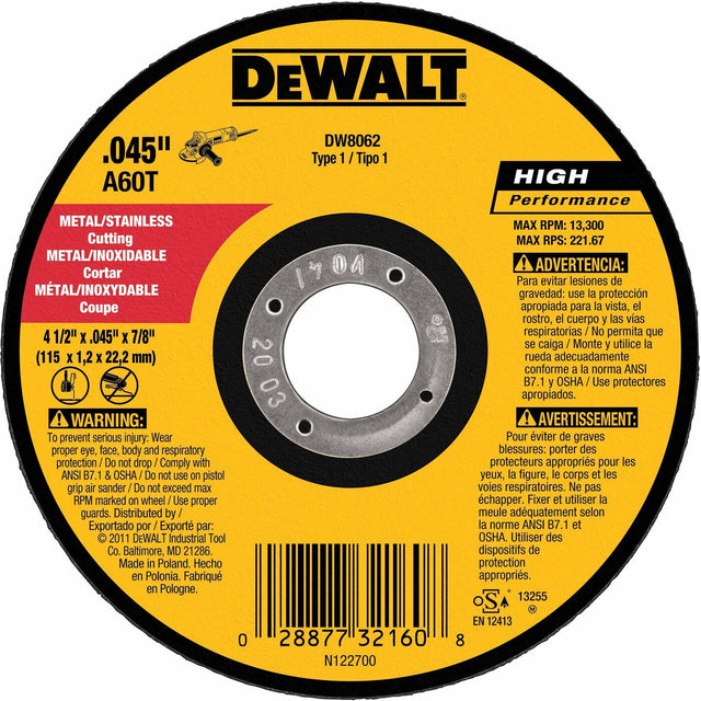 DeWalt DW8062  4-1/2" X .045" X 7/8" Type 1 Metal Cutting Thin Cutoff Wheel