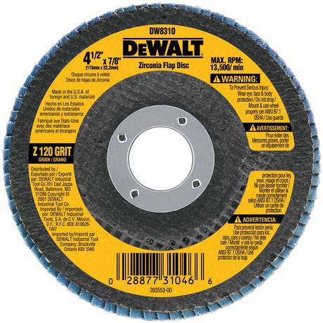 DeWalt DW8310 4-1/2" x 7/8" 120 Grit Zirconia Flap Disc